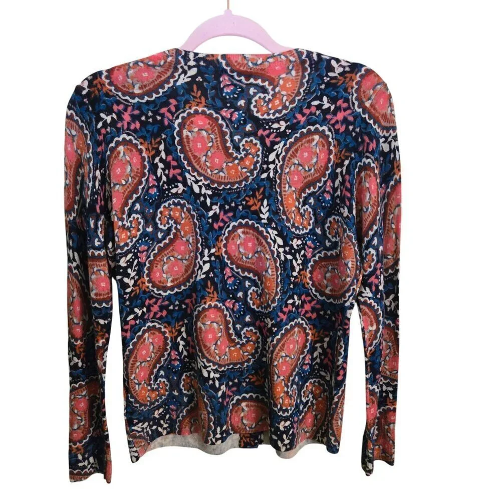 Talbots Merino Wool Blue Pink Paisley Classic Cardigan Sweater Size L